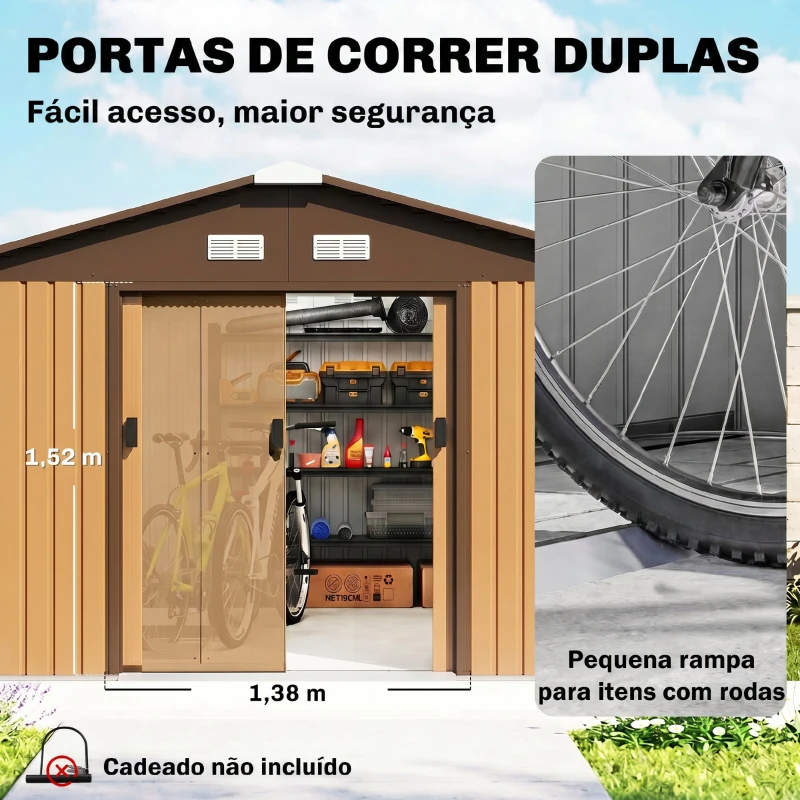 Outsunny Caseta de Jardim Exterior, 12,4 m² 340x386x200 cm Abrigo de Jardim Metálico com Portas Duplas com Fechadura, Kit de Fundação e Ventilação para Armazenamento de Bicicletas, Cor Ocre Escuro