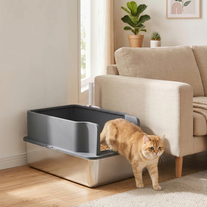 PawHut Arenero para Gatos de Acero Inoxidable L con Bandeja de Tamizado Borde Alto Pala y 10 Empapadores Gris Oscuro
