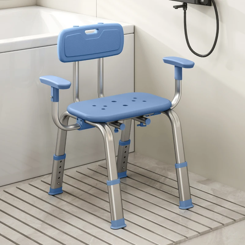 HOMCOM Cadeira de Duche para Pessoas Idosas com Apoio de Braços Ajustável Antideslizante e Altura Ajustável 60-70x52x62-72 cm Azul