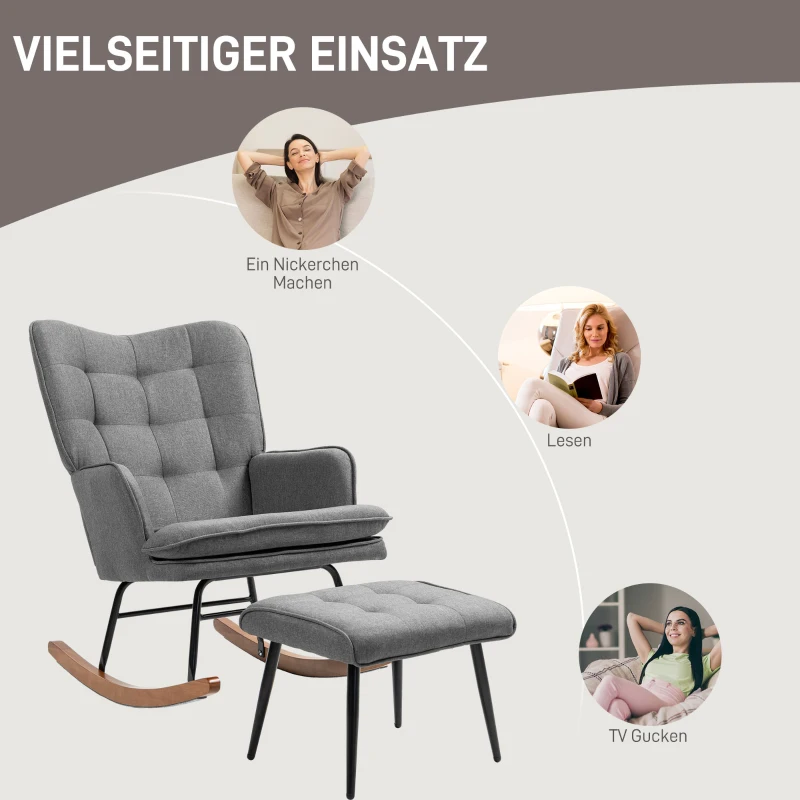 HOMCOM Schommelstoel met Voetenbank, Comfortabel, Tot 130 kg, Linnenlook, 64x89x90cm, Donkergrijs