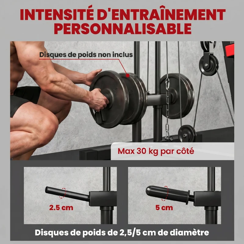 SPORTNOW Station de Musculation Multifonction à Disques Libres, avec Banc Amovible, 136x107x205cm, Noir et Rouge