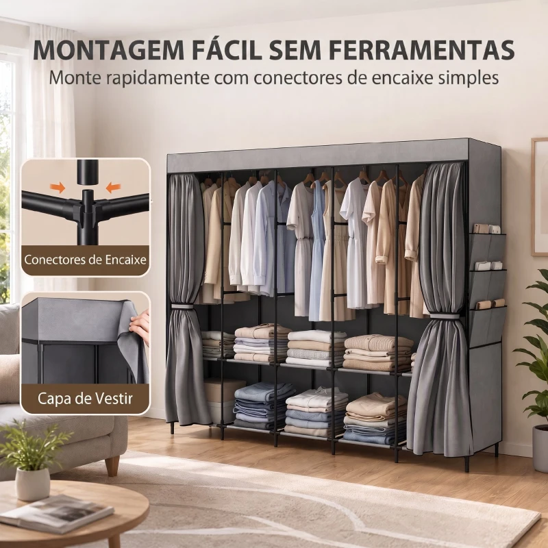 HOMCOM Roupeiro de Tecido com 5 Varões 5 Prateleiras 6 Bolsos Laterais Fecho de Correr Estrutura em Aço 212x45x167 cm Cinza