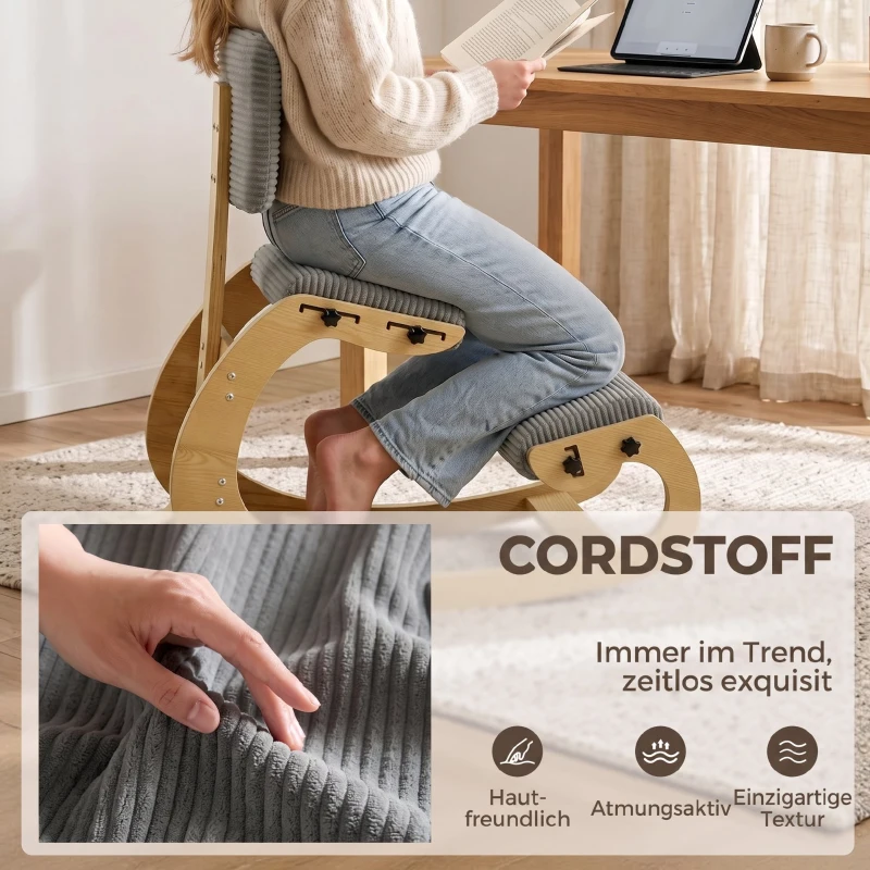 HOMCOM Ergonomischer Kniestuhl, Kniehocker mit Rückenlehne, Cord-Optik, Bürostuhl für Zuhause, Büro, Meditation, Dunkelgrau