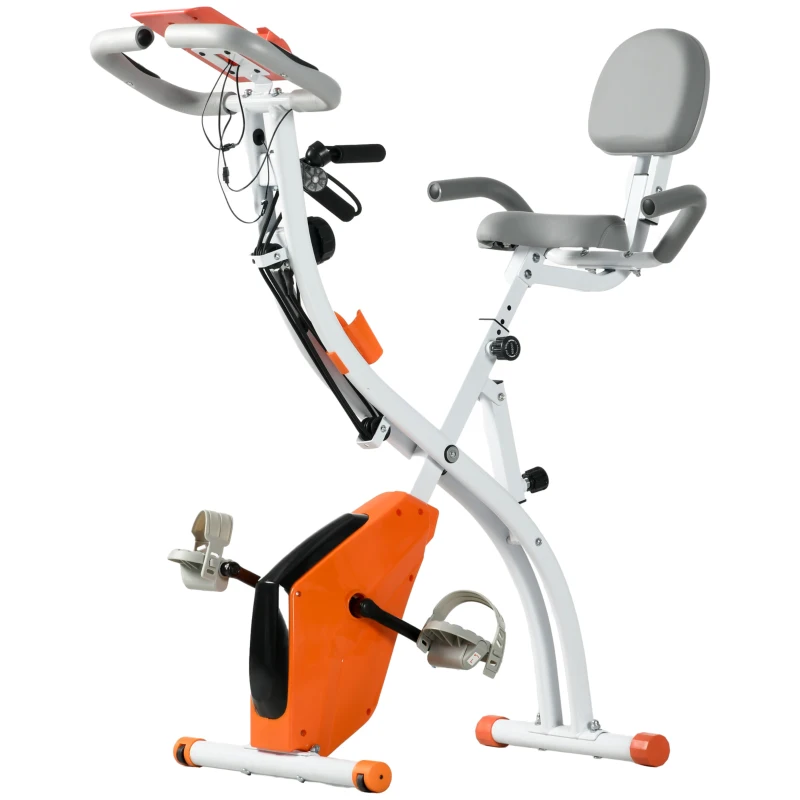 HOMCOM Bicicleta Estatica Plegable 3 en 1 con Respaldo y 8 Niveles Resistencia Magnética Bicicleta Estatica en Casa Ajustable con Monitor LCD Volante Bandas Sensor de Pulso Soporte de Teléfono Naranja