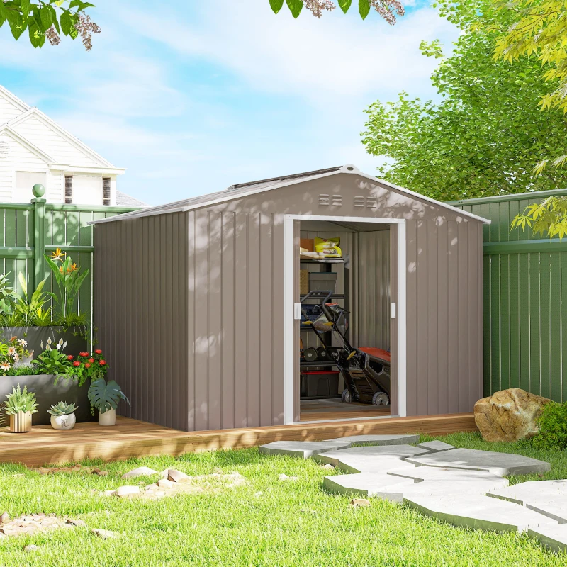 Outsunny Cobertizo de Jardín 4,9 m² 277x195x192 cm con 2 Puertas Correderas Techo de Fibra de Vidrio y 4 Ventanas Gris Claro