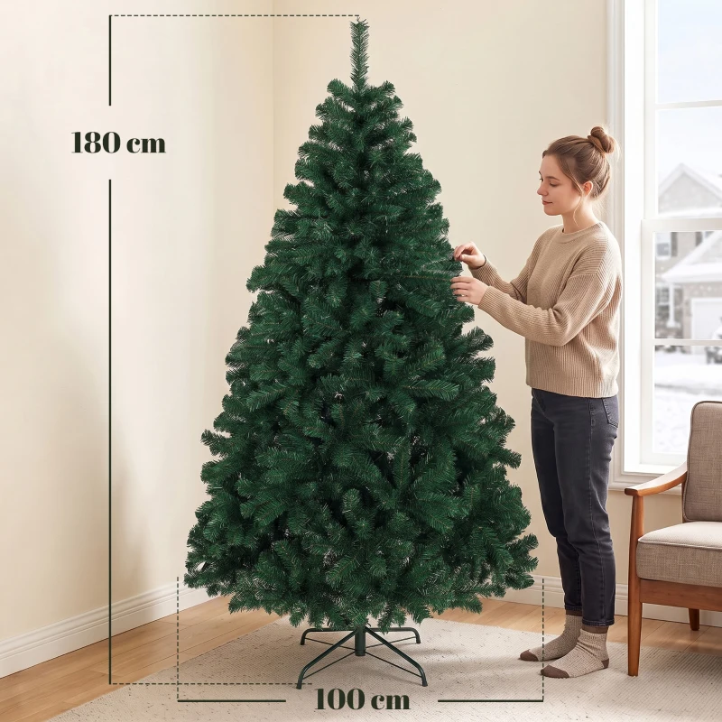 HOMCOM Árvore de Natal 180 cm Artificial com 700 Ramos Retardantes de Chamas e Base em Aço Dobrável, Verde