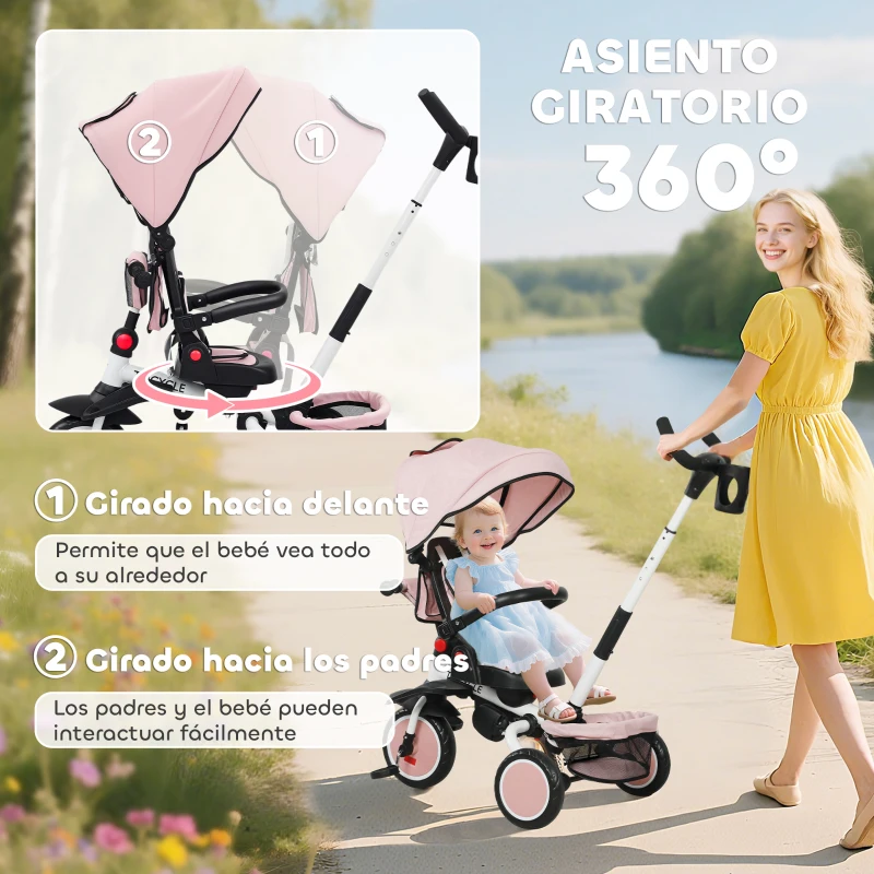 AIYAPLAY Triciclo Evolutivo 6 en 1 Plegable Asiento Giratorio de 360° Mango Parental Respaldo Reclinable Toldo Rosa