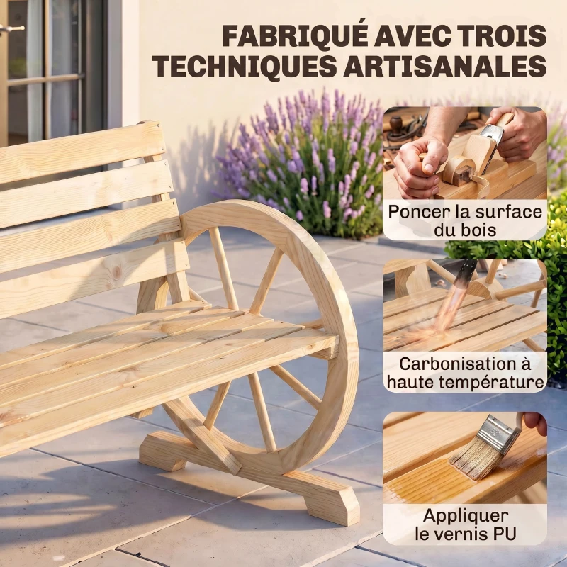 Outsunny Banc de Jardin banc 3 places en bois Style Rustique Chic accoudoirs Roues Charette Bois Sapin effet bois naturel