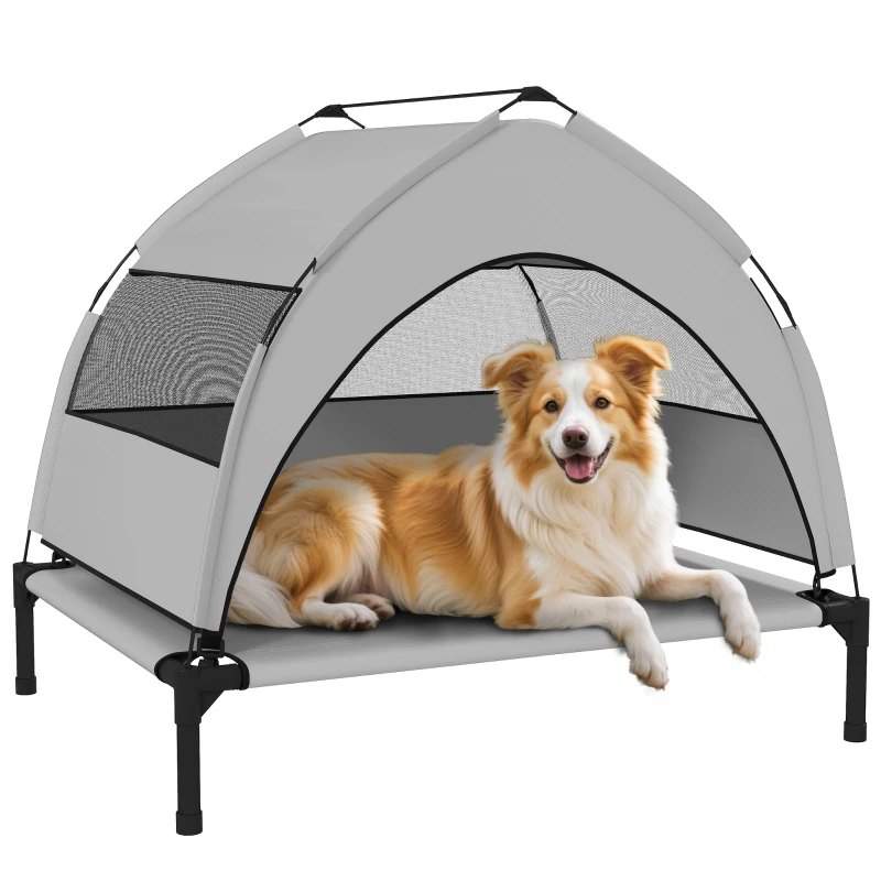 PawHut Verhoogd Hondenbed Outdoor met Dak, Koelend Hondenbed met Stalen Frame, 76x61x70cm, Lichtgrijs