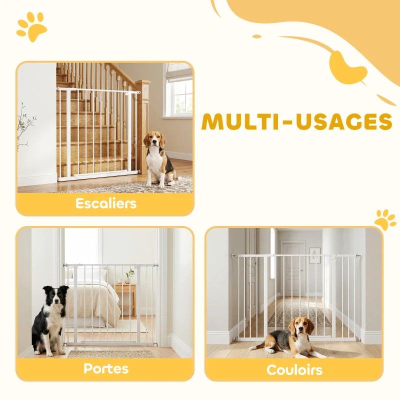PawHut Barrière de Sécurité Chien Réglable 76-107 cm, avec 2 Rallonges (10/15 cm), Ouverture d'une Main, sans Perçage, Blanc