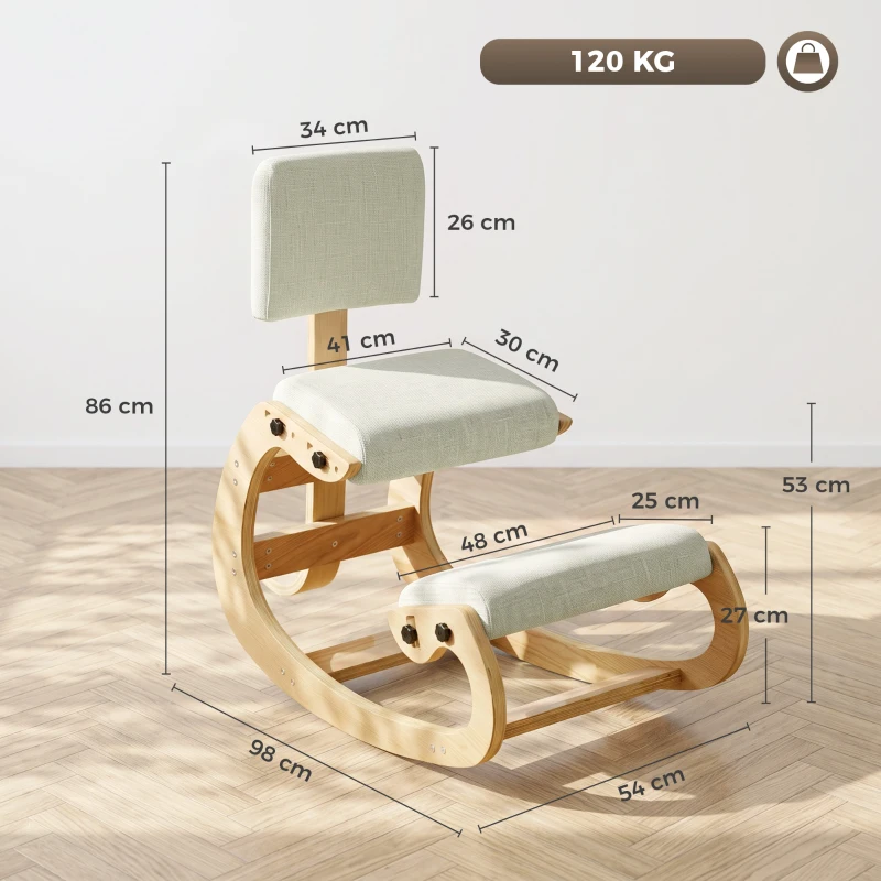 HOMCOM Silla Ergonómica de Rodillas para Oficina y Hogar de Tejido Efecto Lino Contrachapado de Abedul Crema