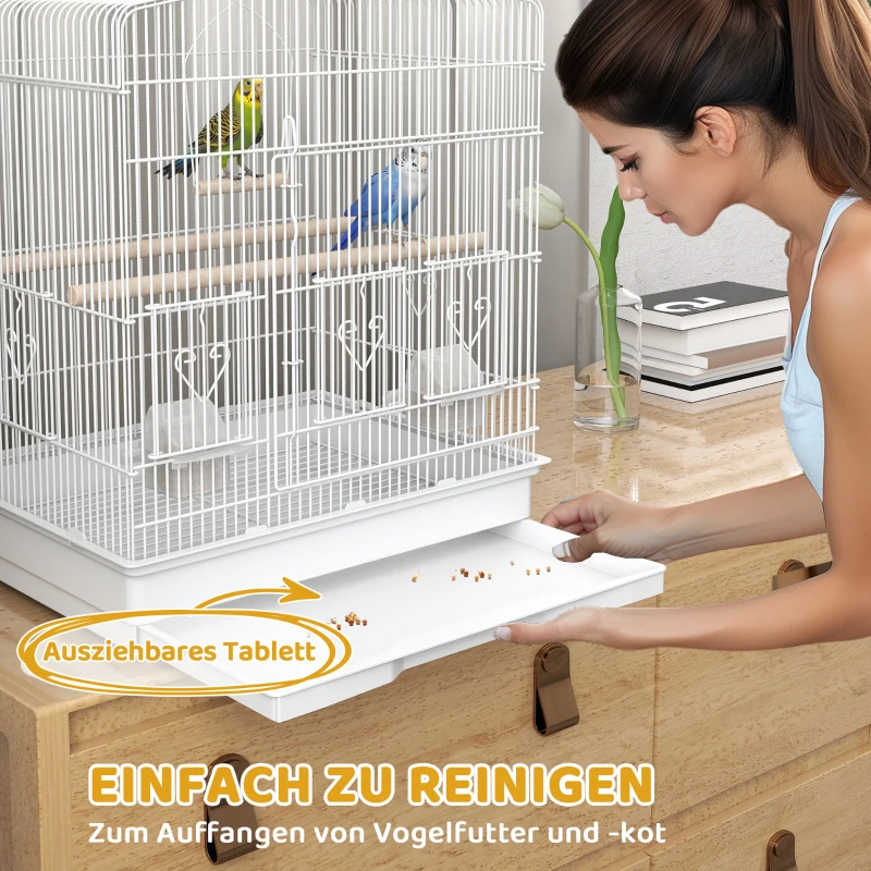 PawHut Vogelkäfig im Vintage-Design für kleine Vogelarten inkl. Zubehör 46,5 x 36 x 59 cm Stahl, Holz, Weiß+Natur