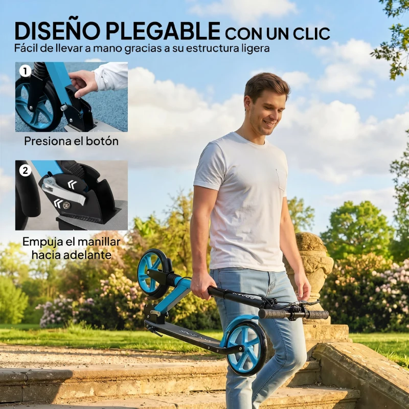 HOMCOM Patinete Plegable para Adultos y Niños de +14 Años Scooter con Manillar Ajustable 91,5x36,5x91-104 cm Azul