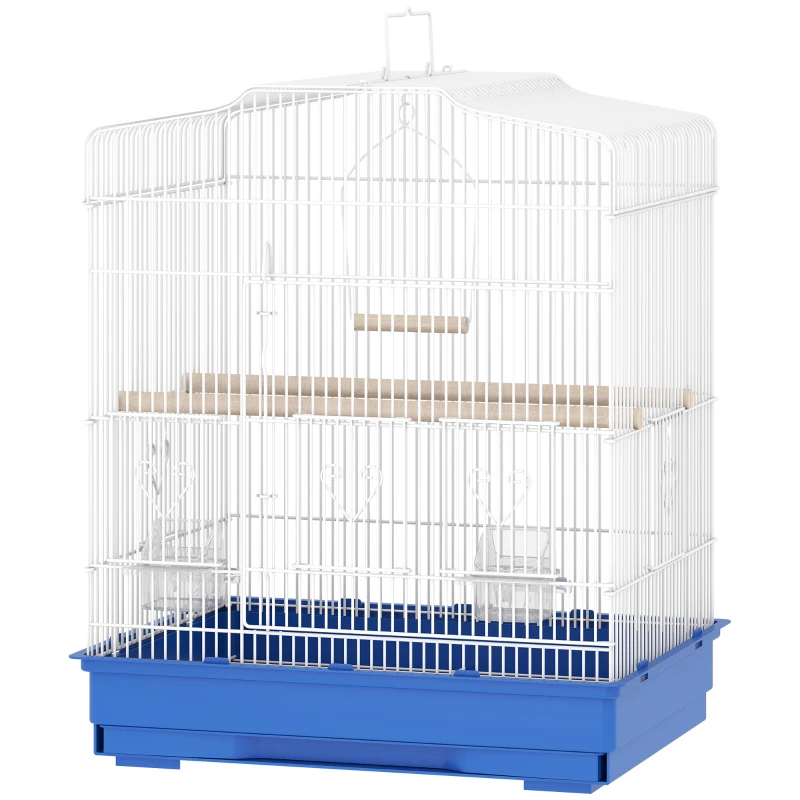 PawHut Vogelkäfig im Vintage-Design für kleine Vogelarten inkl. Zubehör 46,5 x 36 x 59 cm Stahl, Holz, Blau+Weiß