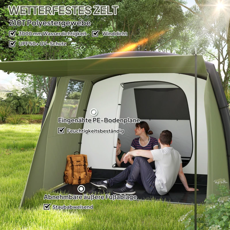 Outsunny Aufblasbares Campingzelt 3-6 Personen Outdoor Tunnelzelt mit Seitenfenstern Tür Luftträger 4,4 x 2,8 x 1,95 m Grün