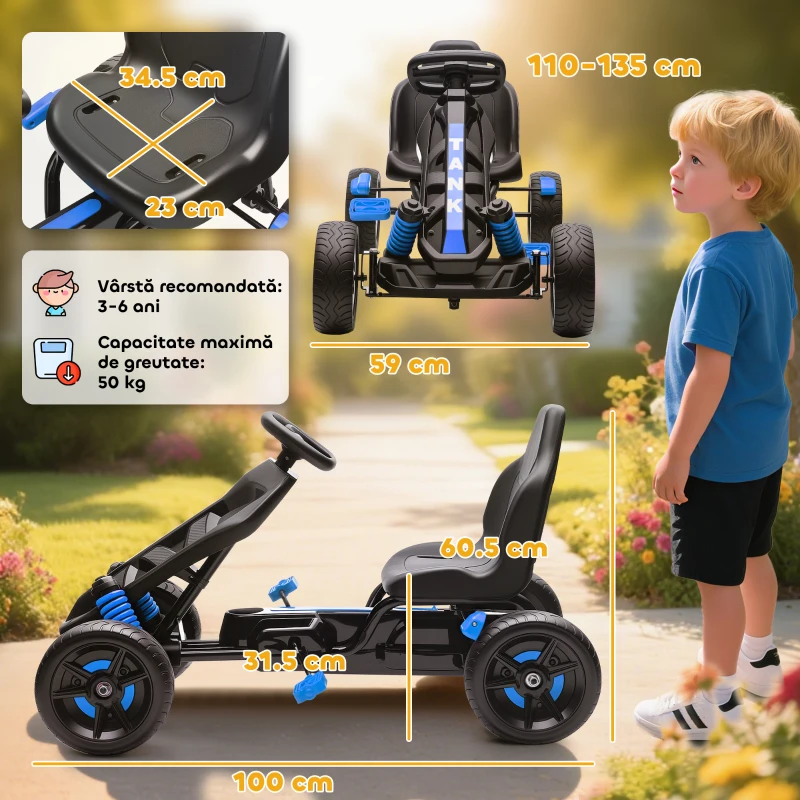 AIYAPLAY Kart cu pedale pentru copii 3-6 ani, max. 50 kg, cu suport pentru pahar și roți EVA antiderapante, albastru