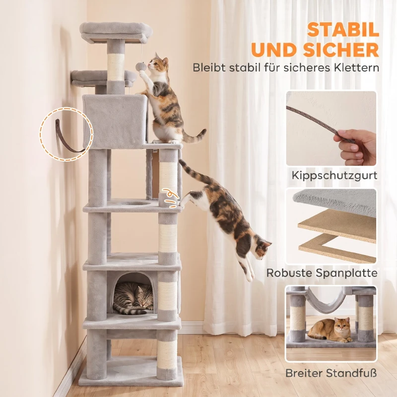 PawHut Kratzbaum 204 cm Katzenbaum mit Höhlen Leiter mehrstöckiger Katzenkratzbaum für 1–3 Katzen je bis 6 kg Hellgrau