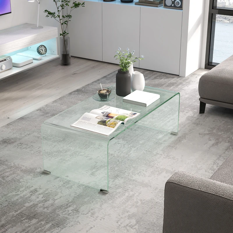 HOMCOM Table basse en verre table de salon rectangulaire design moderne en verre trempé avec bords arrondis sûrs transparent
