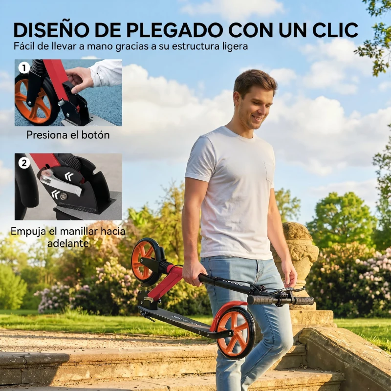 HOMCOM Patinete Plegable para Adultos y Niños de +14 Años Scooter con Manillar Ajustable 91,5x36,5x91-104 cm Rojo