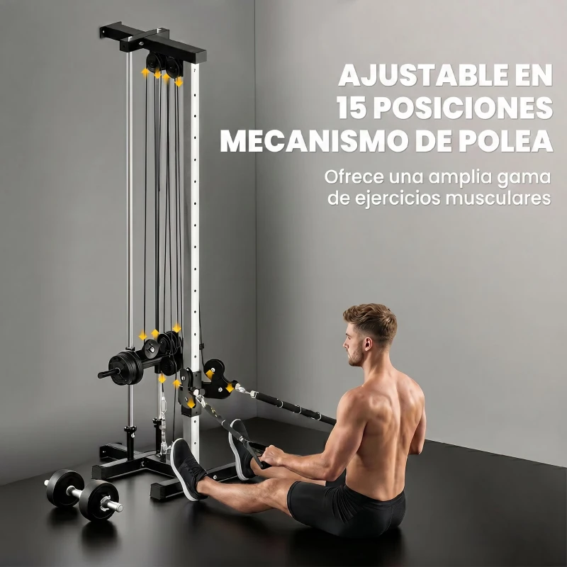 SPORTNOW Máquina Polea Alta y Baja de Pared de Doble Polea Ajustable en 15 Posiciones Multifunción Lat Pulldown para Gimnasio