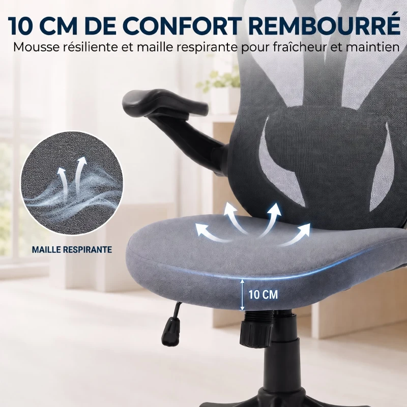 HOMCOM Chaise Bureau Ergonomique avec Accoudoirs 3D et Appui-Tête Réglable, Fauteuil de Bureau en Maille, Gris
