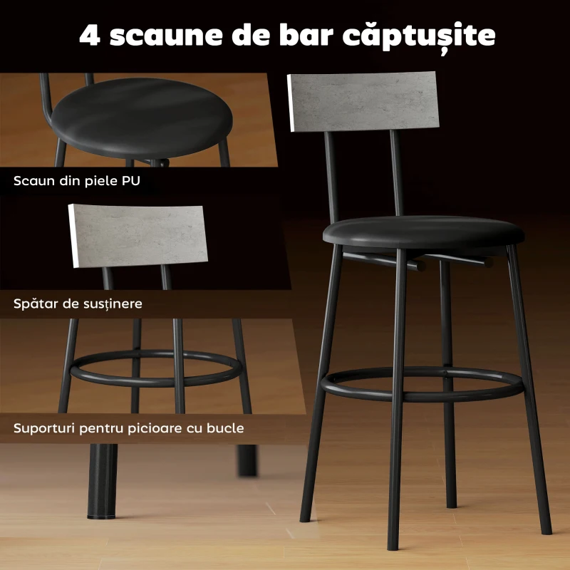 HOMCOM Set masă înaltă și 4 scaune de bar cu spătar și suport pentru picioare, stil industrial, gri ciment