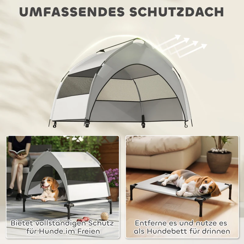PawHut Verhoogd Hondenbed Outdoor met Dak, Koelend Hondenbed met Stalen Frame, 76x61x70cm, Lichtgrijs