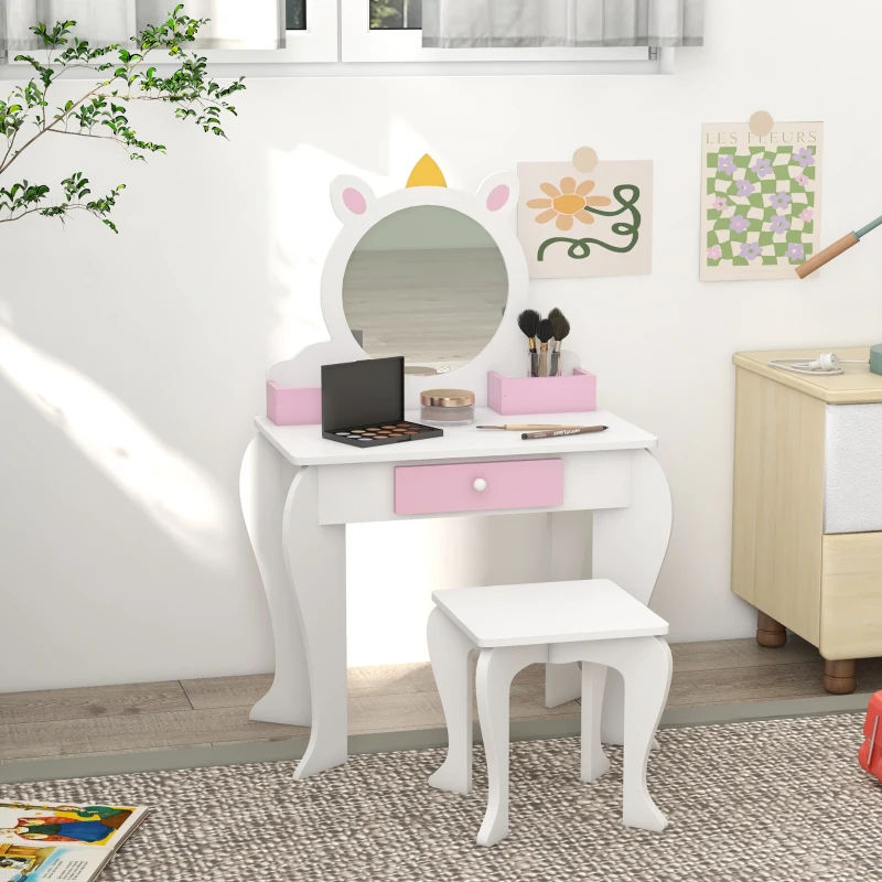 ZONEKIZ Set de Toaletă pentru Fete cu Taburet și Oglindă, Design Unicorn