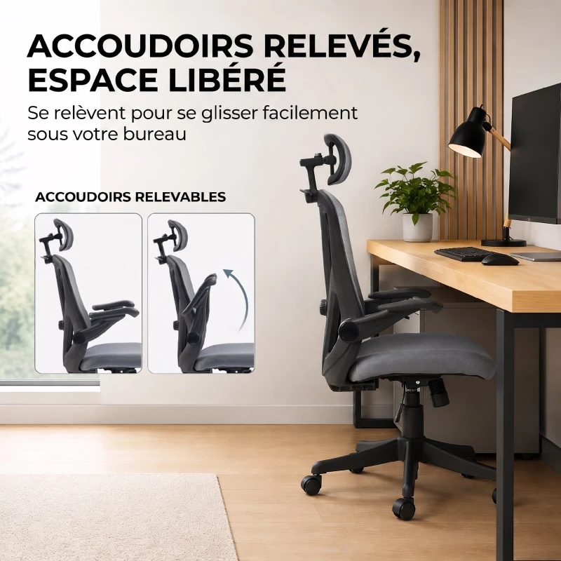 HOMCOM Chaise Bureau Ergonomique avec Accoudoirs 3D et Appui-Tête Réglable, Fauteuil de Bureau en Maille, Gris