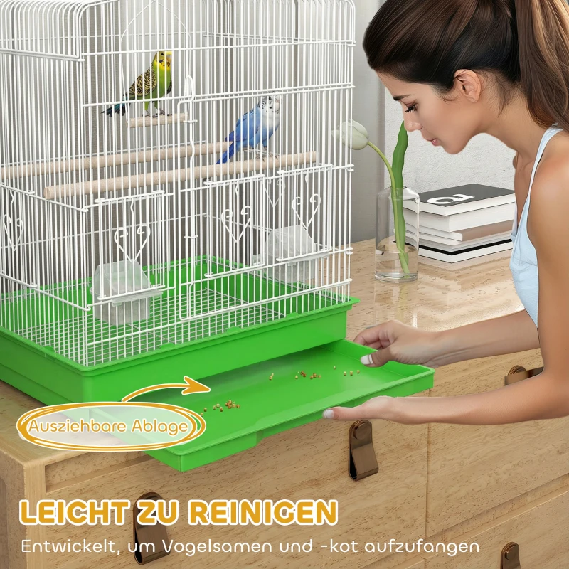 PawHut Vogelkäfig im Vintage-Design für kleine Vogelarten inkl. Zubehör 46,5 x 36 x 59 cm Stahl, Holz, Weiß+Grün