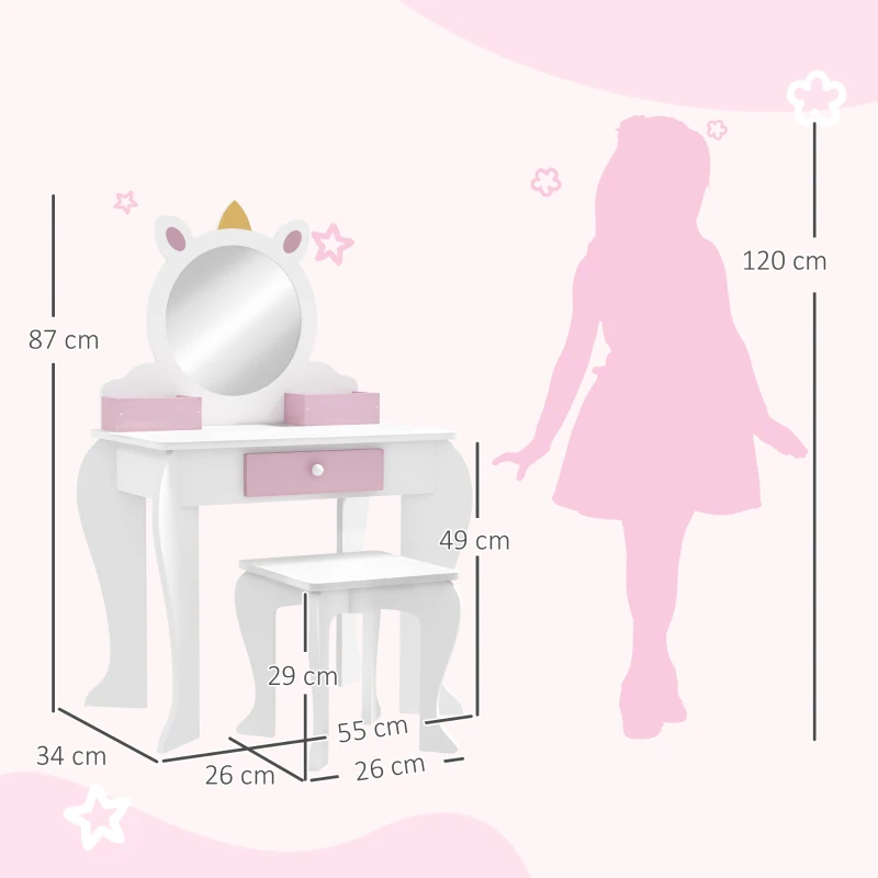 ZONEKIZ Set de Toaletă pentru Fete cu Taburet și Oglindă, Design Unicorn