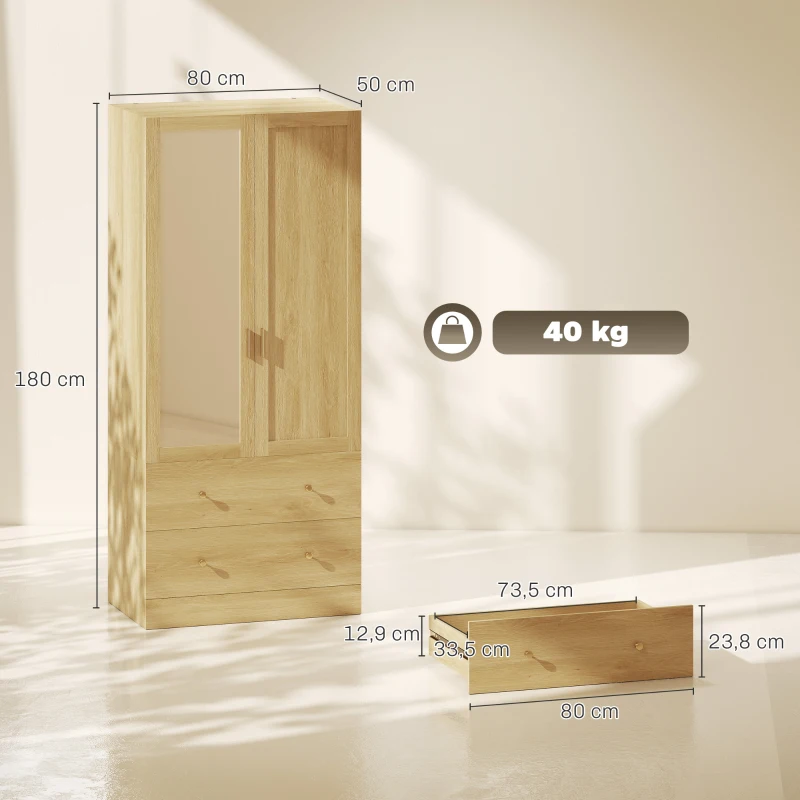 HOMCOM Armario de Dormitorio con Espejo 2 Puertas 2 Cajones y Barra para Colgar 80x50x180 cm Roble
