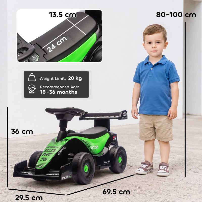 AIYAPLAY Mașină porteur F1 pentru copii, vehicul de împins cu volan muzical, roți silențioase și compartiment de depozitare, 18-36 luni, verde