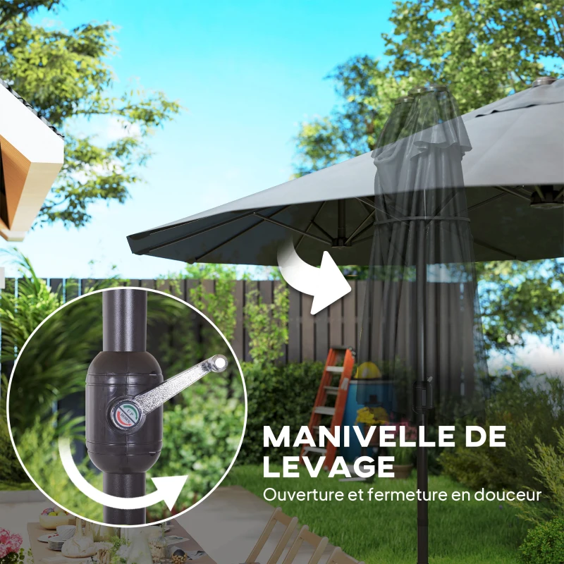 Outsunny Grande Parasol de Jardin Exterieur 4,6 x 2,7 m avec Pied en Croix, Parasol Double avec Manivelle, pour Terrasse, Gris