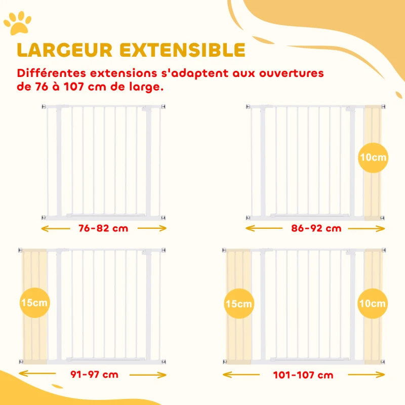 PawHut Barrière de Sécurité Chien Réglable 76-107 cm, avec 2 Rallonges (10/15 cm), Ouverture d'une Main, sans Perçage, Blanc