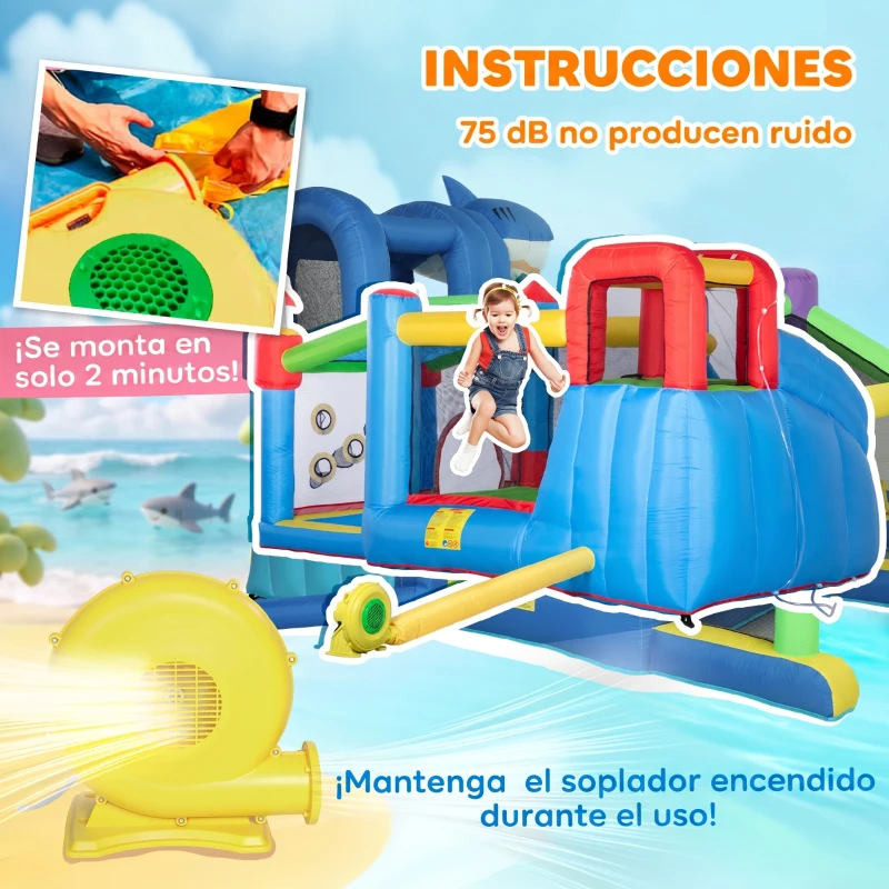 Outsunny Castillo Inflable Infantil con Tobogán Cama de Salto Piscina Muro de Escalada Inflador 390x300x197 cm Multicolor