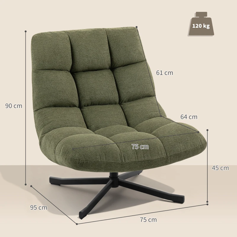 HOMCOM Sessel Drehbar Loungesessel mit Breiter Sitzfläche, wasserabweisend Chenille-Optik, gekreuzt Stahlbeine, Grün