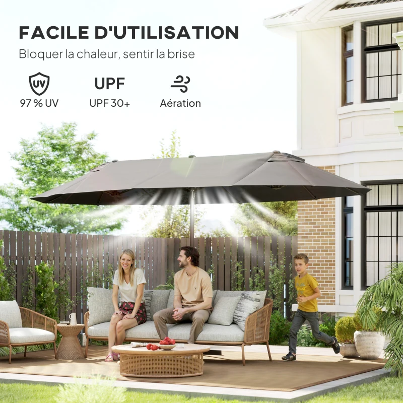 Outsunny Grande Parasol de Jardin Exterieur 4,6 x 2,7 m avec Pied en Croix, Parasol Double avec Manivelle, pour Terrasse, Gris