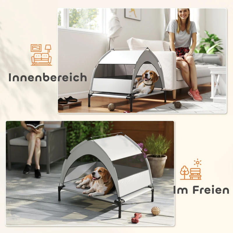 PawHut Verhoogd Hondenbed Outdoor met Dak, Koelend Hondenbed met Stalen Frame, 76x61x70cm, Lichtgrijs
