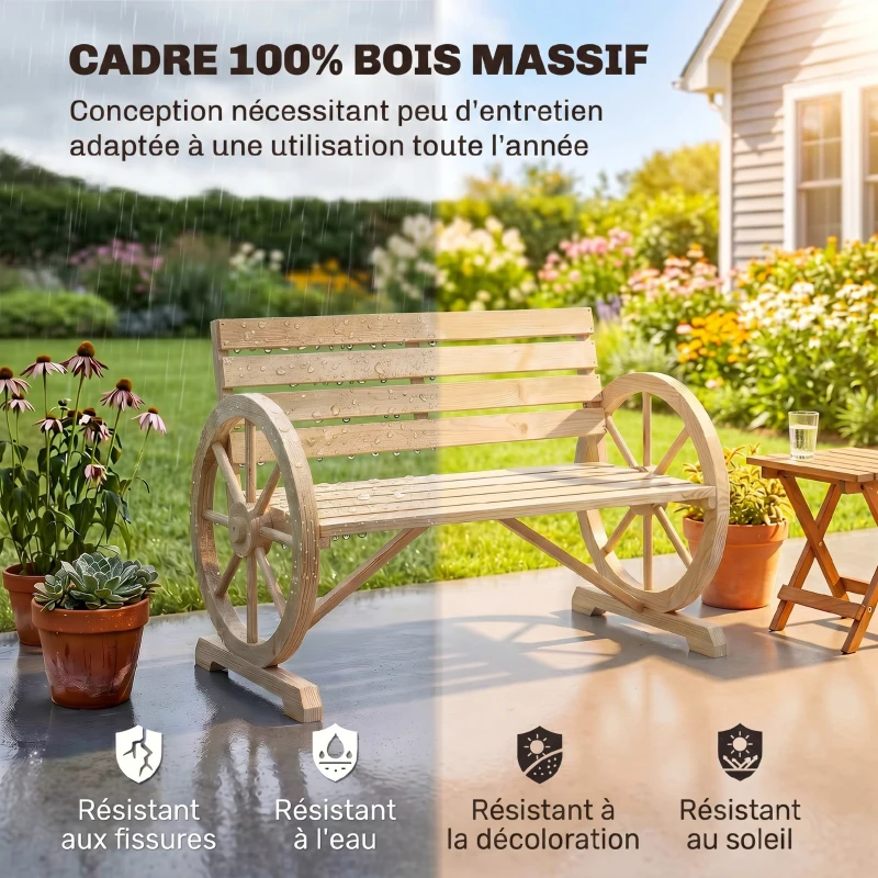 Outsunny Banc de Jardin banc 3 places en bois Style Rustique Chic accoudoirs Roues Charette Bois Sapin effet bois naturel