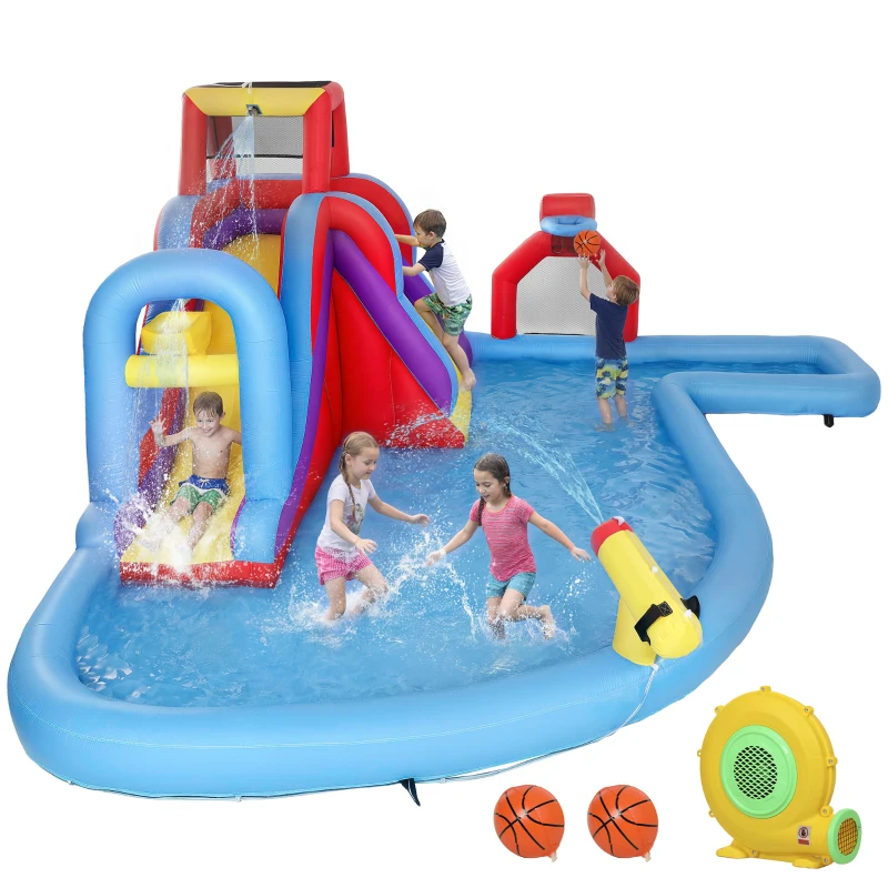 AIYAPLAY Castillo Hinchable Acuático con Soplador 550W Tobogán Pared de Escalada Piscina Aro de Baloncesto Portería de Fútbol