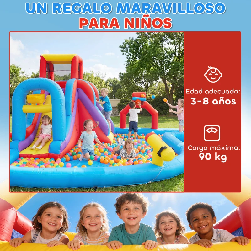 AIYAPLAY Castillo Hinchable Acuático con Soplador 550W Tobogán Pared de Escalada Piscina Aro de Baloncesto Portería de Fútbol