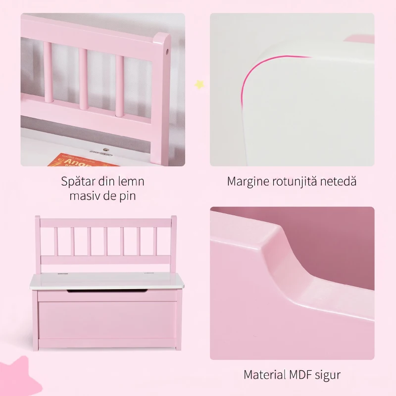 HOMCOM Bancă Depozitare Copii, Spătar, Piston Sigur, MDF, Roz