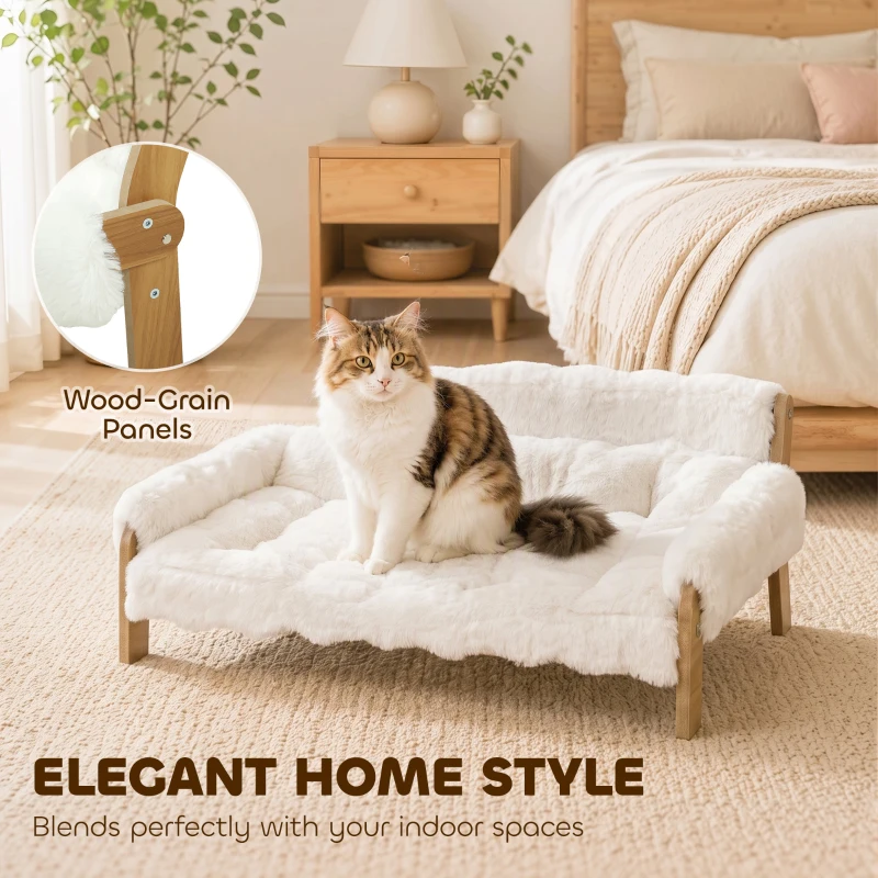 PawHut Canapé pour Chien Chat Lit Surélevé en Bois, Coussin Amovible en Peluche, Pieds Antidérapants, 70 x 47 x 30 cm, Blanc