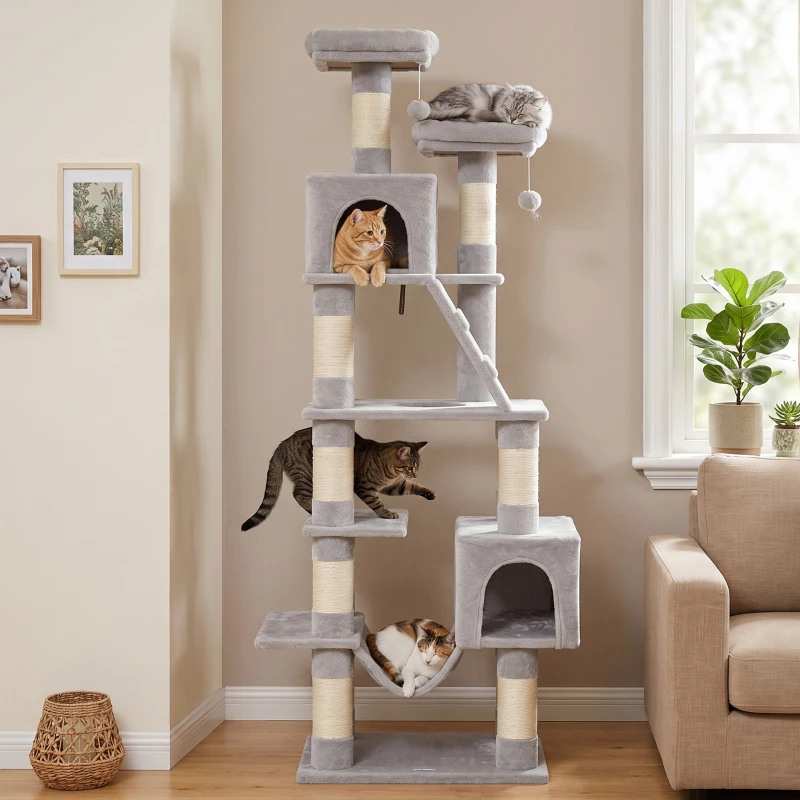 PawHut Kratzbaum 204 cm Katzenbaum mit Höhlen Leiter mehrstöckiger Katzenkratzbaum für 1–3 Katzen je bis 6 kg Hellgrau