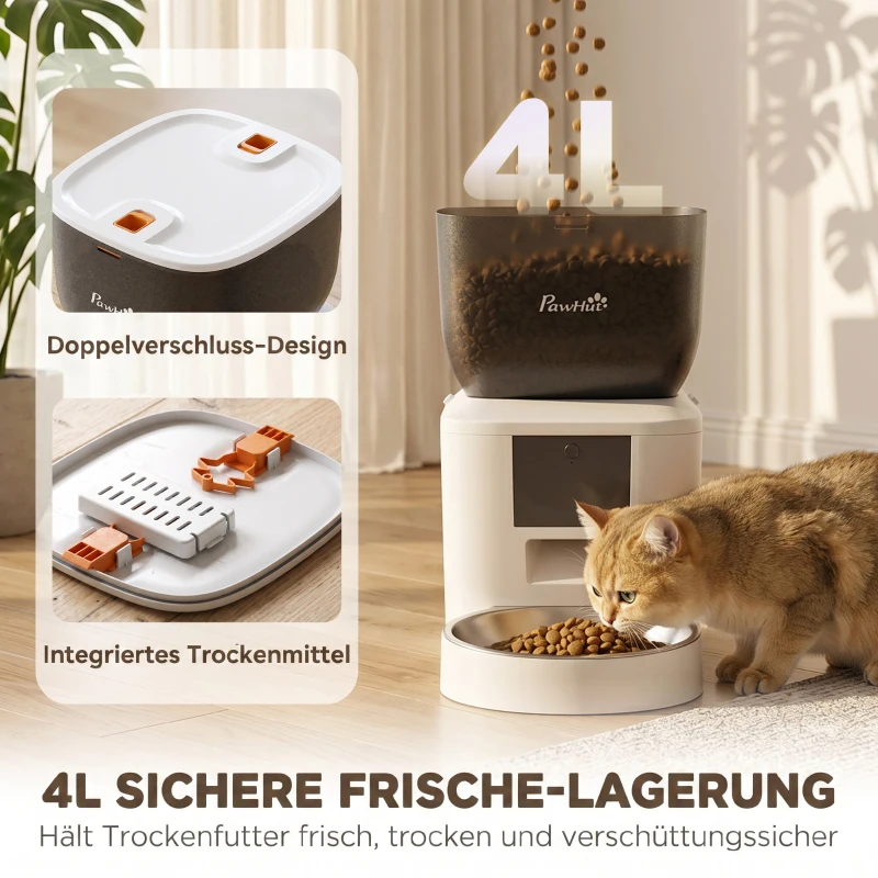 PawHut Automatischer Katzenfutterautomat, 2,4G WLAN, 4L, App-Steuerung, 1–10 Mahlzeiten, 10s Futterruf