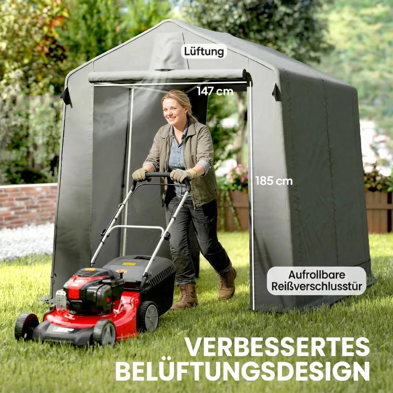 Outsunny Garagenzelt 2,3 x 1,9 m Wasserabweisend Gerätezelt mit Rollbar Reißverschlusstür Belüftung Satteldach Dunkelgrau