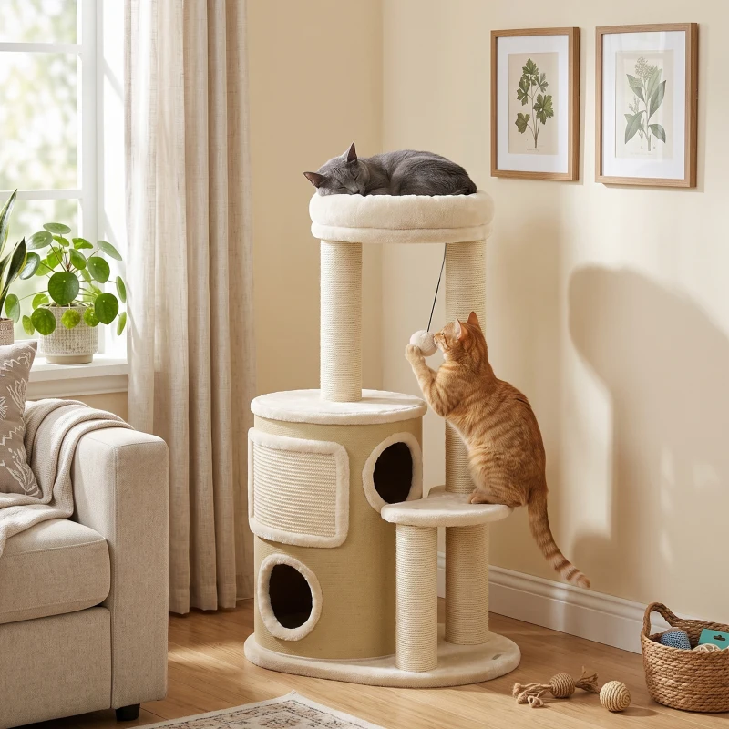 PawHut Rascador para Gatos 90cm Multinivel con 4 Postes Rascadores en Sisal, 2 Cuevas, Caseta, Pompon, Tapete, Beige