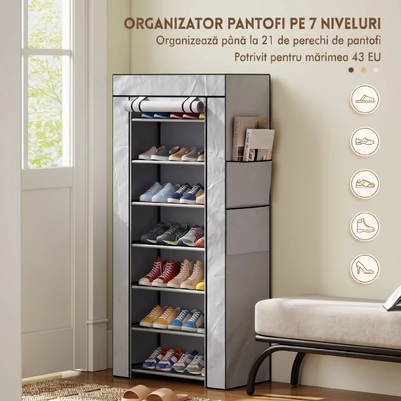 HOMCOM Pantofar cu 7 rafturi din oțel, cu husă din material nețesut, 60 x 30 x 126 cm, gri
