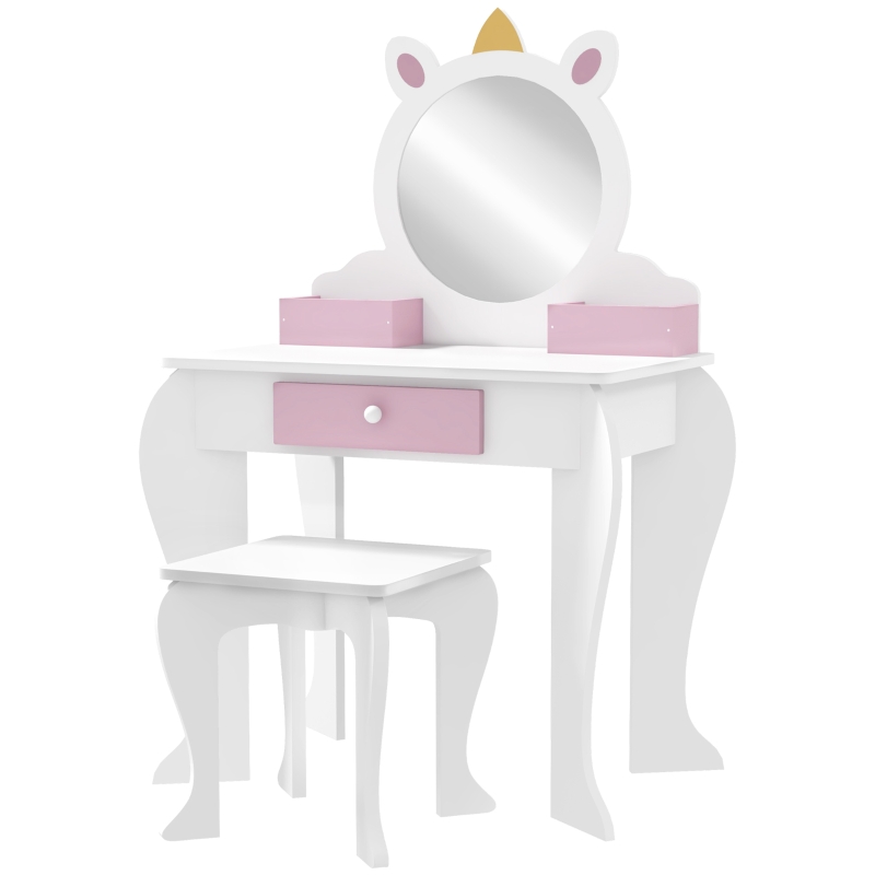 ZONEKIZ Set de Toaletă pentru Fete cu Taburet și Oglindă, Design Unicorn